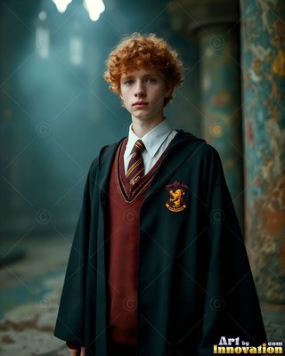 Standing in a stone hall, a red-haired young man wears a black robe over a school uniform