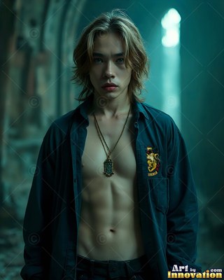 A young man in an unzipped dark shirt standing in a dim hall