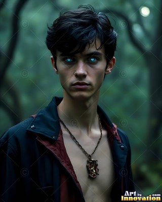 Bright blue eyes shine on a dark-haired young man in an open coat in a dim forest