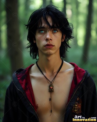 A young man stares forward in an open robe, showing bright blue eyes in dim woods