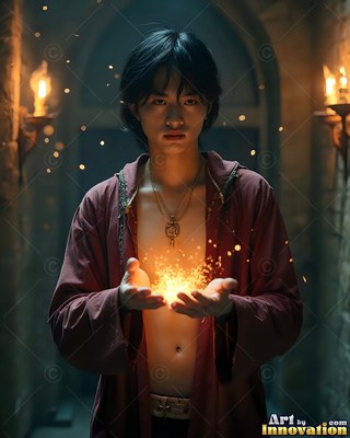 Facing forward in a dim hallway, a young man holds up bright sparks in his hands