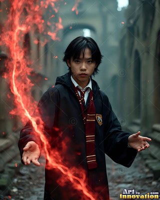 A young man in black school robes casts a streak of bright red fire
