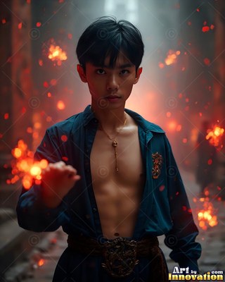 In a dark alley, an open-shirted young man carries out fiery red sparks