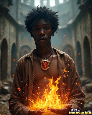 Holding bright fire in his hands, a young Black man wears an open brown shirt in stone ruins