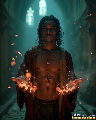 A man holds bright sparks in his open hands in a hallway