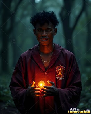 Wearing a dark deep red robe, a man holds a small bright light between his hands in a dark forest