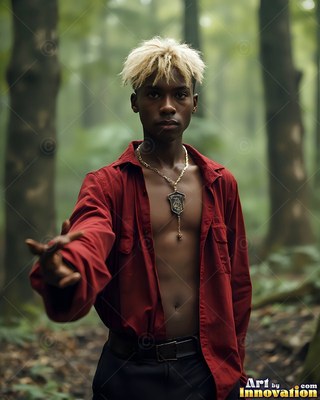 A young man reaches forward in an unfastened red shirt under the pale forest light