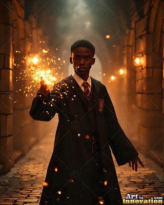Standing in a stone hall, a young man in black robes holds out bright sparks