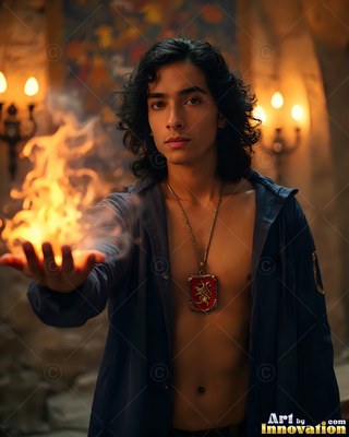 A young man in an unfastened blue shirt holds bright fire in his bare hand