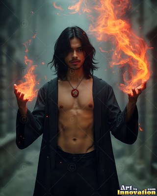 In a misty street, a shirtless man wearing an unfastened black robe holds flames in his hands