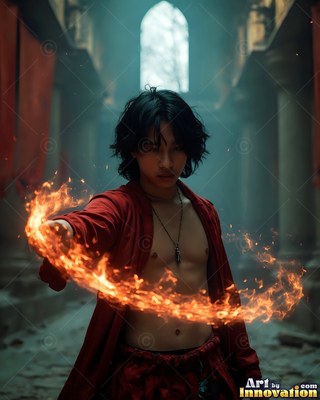 Swirling fire from his hand, a shirtless man in an unbuttoned bright red robe stands in a stone hall