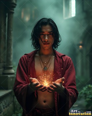 A man in a loose red shirt holds sparks in his hands