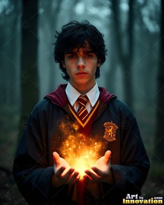 Wearing a striped tie in a dark foggy forest, a young man cups bright yellow fire