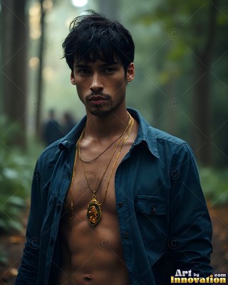 A dark-haired man stands in a forest with his blue shirt open under soft green light