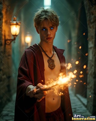 Facing forward in a stone hall, a young man points a sparking wand in a scarlet robe