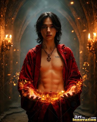 A young man wearing an unfastened red cloak holds fire in his cupped hands inside a stone hall