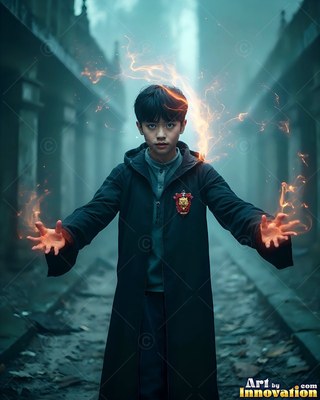 In a misty alley, a young man in black robes conjures orange sparks