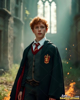 Standing near small flames, a red-haired young man wears a dark school cape and tie