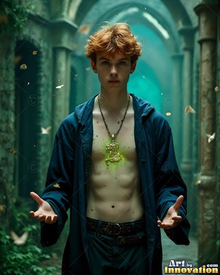 A young man in an unzipped blue robe stands in a stone hall