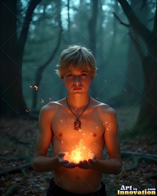 In misty woods, a shirtless young man with a carved pendant holds bright fire in his hands