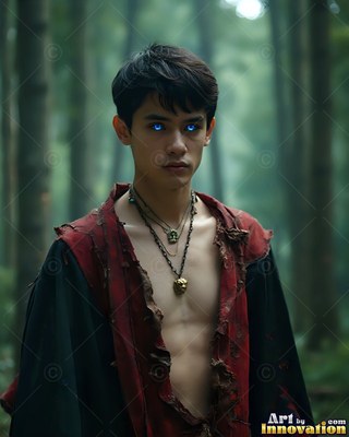 A young man stands in a dark forest with shining blue eyes wearing torn red robes
