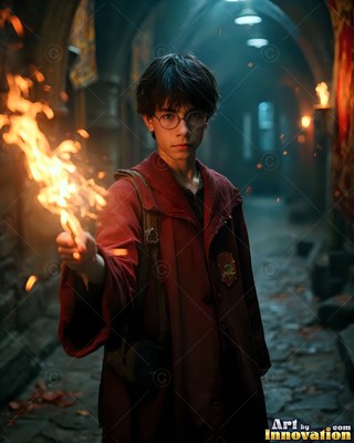 Facing forward in a stone hall, a young man in red robes holds a flame