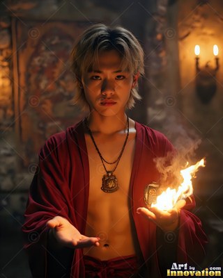 A young man in an unbuttoned red robe holds fire in his left hand in a dark room