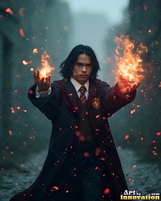 On a misty stone street, a man in school robes holds fire in both hands