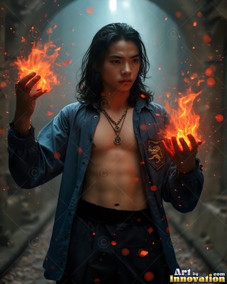 Holding bright fire in his hands, a young man in an unfastened blue shirt pauses in a tunnel