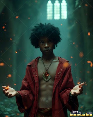 A young man grips out open hands in a red cloak inside a dim hall