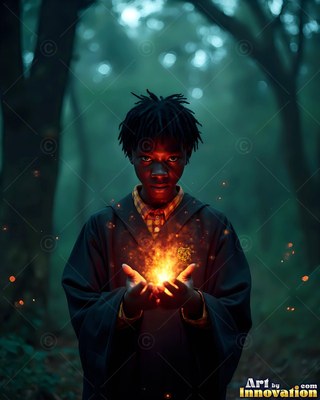 Wearing a dark robe, a young man holds bright yellow fire in a dim forest