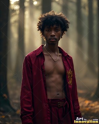 A young man stands in an unbuttoned red shirt, backlit by soft sunbeams in a dim forest