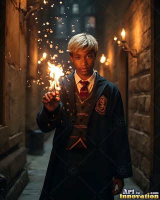 Facing forward in a stone hallway, a young man holds up a lit wand in dark robes