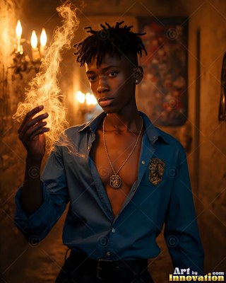A young man wearing an unfastened blue shirt holds yellow smoke by candlelight