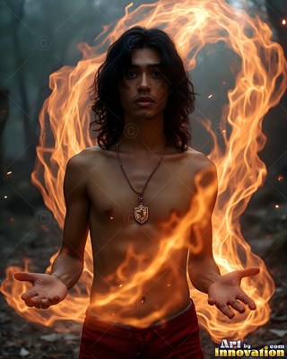 In a dim forest, a shirtless young man grips a loop of orange fire