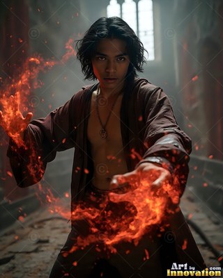 Reaching forward with bright fire on his hands, a young man wears an open brown robe