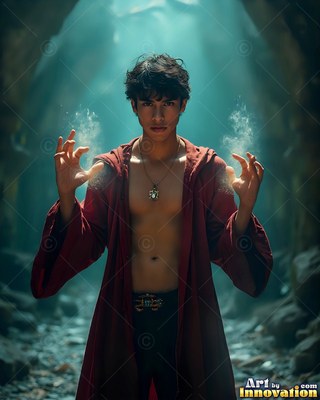A shirtless man in a bright red robe raises misty hands in a tunnel