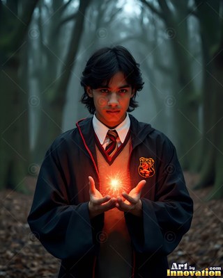 Wearing a black robe in a foggy forest, a young man holds up bright orange sparks in his hands