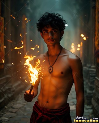 A shirtless young man holds up a burning torch that casts warm light across his chest