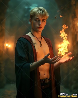 Facing forward in a dim stone hall, a young man grips fire in his hands