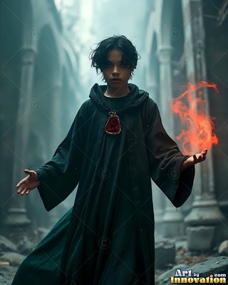A young man in a dark green robe holds orange fire in his hand