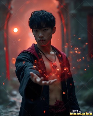 In a misty stone corridor, a young man carries out his hand with red sparks