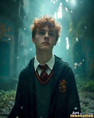 Looking upward in a ruined hall, a young man wears a dark robe and school tie
