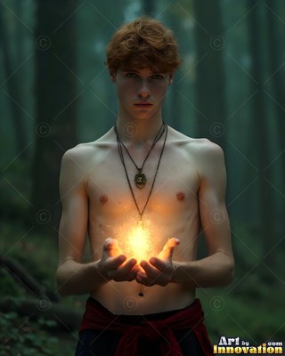 A shirtless young man holds bright yellow light in a dark forest