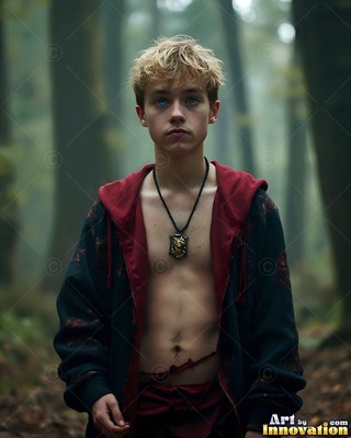 Wearing an unzipped dark hoodie with red lining, a young blond man stands in a misty forest