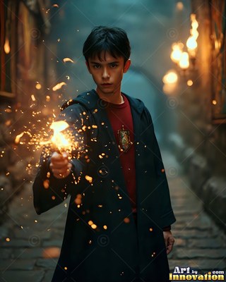 A young man casts bright orange sparks from his hand in a dim stone hall