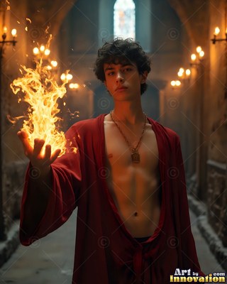 Facing forward in a stone hall, a young man grips fire in an open hand