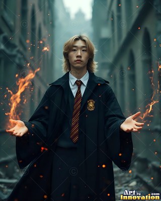 A young man in a black school robe holds orange fire in his open hands