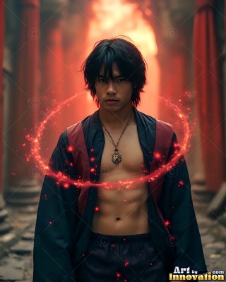In a red stone hall, a dark-haired man wears an open robe ringed in red light sparks