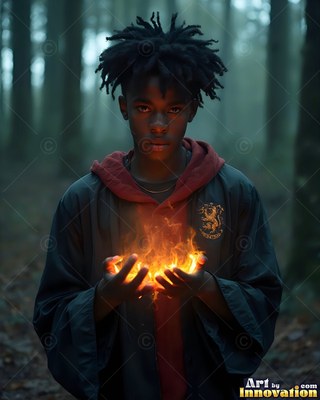 Holding bright fire in his hands, a young Black man stands in a dark forest wearing robes